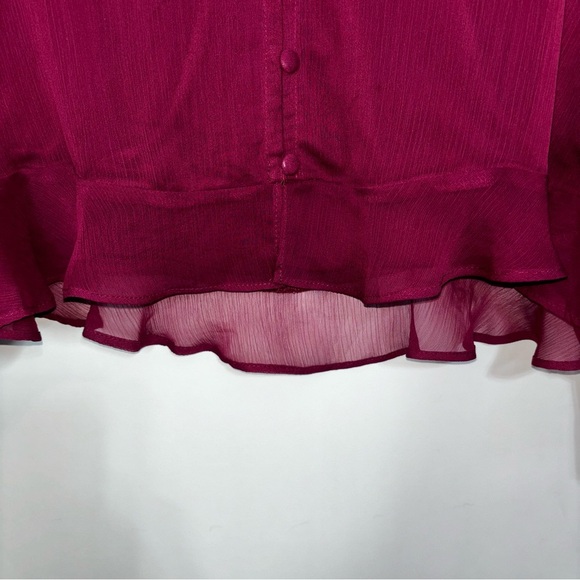 Nine West Blouse Women’s Medium Wine Maroon Lined Button Up Ruffle Flowy Dressy - Picture 6 of 10